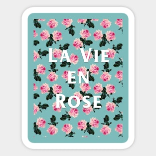 La Vie En Rose - Pink roses on turquoise, teal tee Sticker